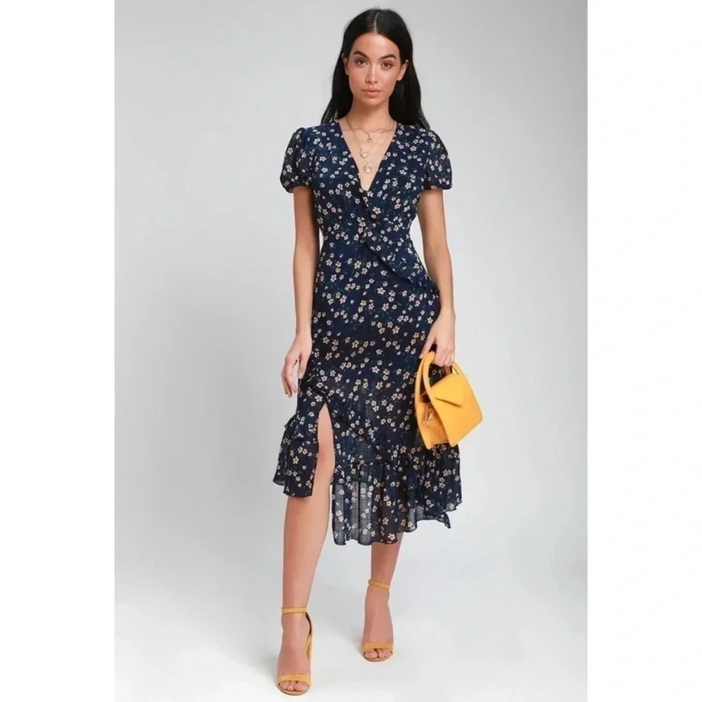 Navy Floral Midi Dress with Puff Sleeves